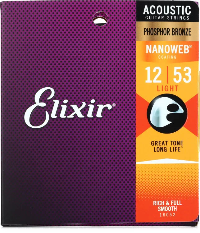 Elixir Strings 16052 Nanoweb Phosphor Bronze Acoustic Guitar Strings - .012-.053 Light