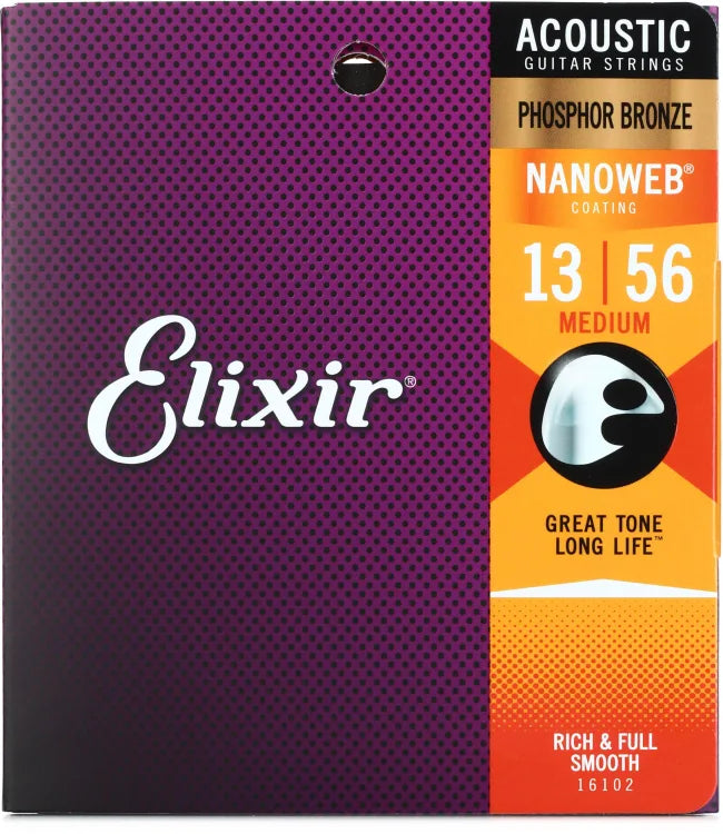 Elixir Strings 16102 Nanoweb Phosphor Bronze Acoustic Guitar Strings - .013-.056 Medium