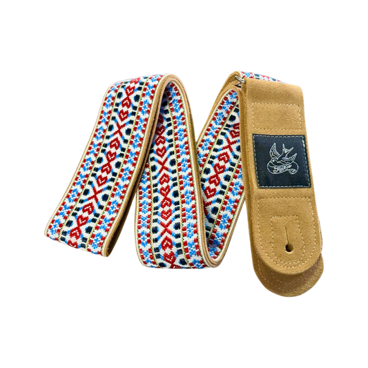 Jaykco Red, White, Light Blue, and Yellow - Woven Suede Guitar Strap