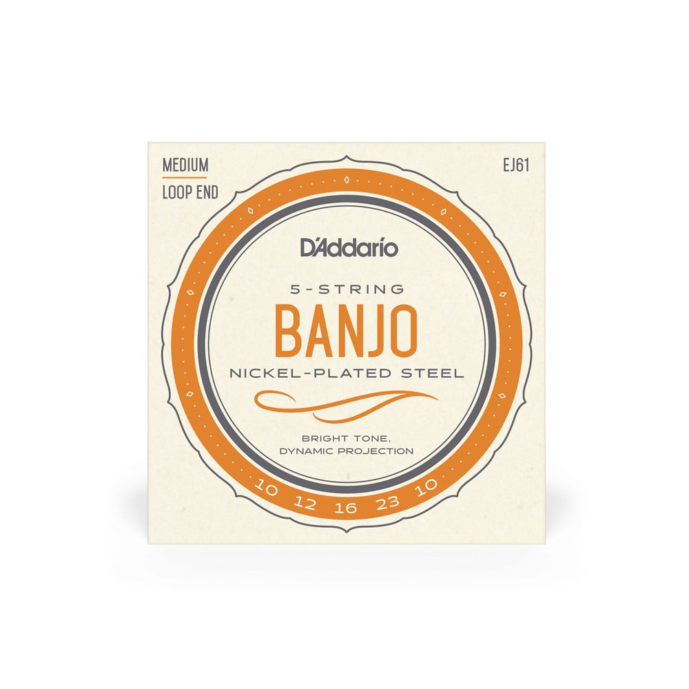 D'Addario EJ61 Nickel Plated Steel 5-String Banjo Strings - .010-.023 Medium Loop End