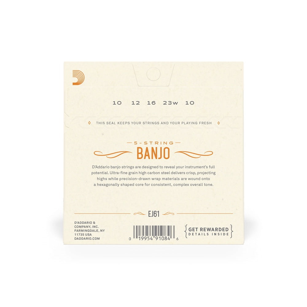 D'Addario EJ61 Nickel Plated Steel 5-String Banjo Strings - .010-.023 Medium Loop End