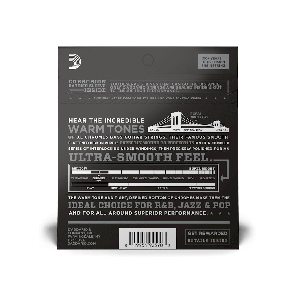 D'Addario ECB81M Medium Scale Chromes Flat Wound Electric Bass Strings Regular Light 45-100