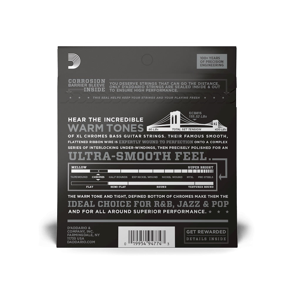 D'Addario ECB81S Short Scale Chromes Flat Wound Electric Bass Strings Regular Light 45-100