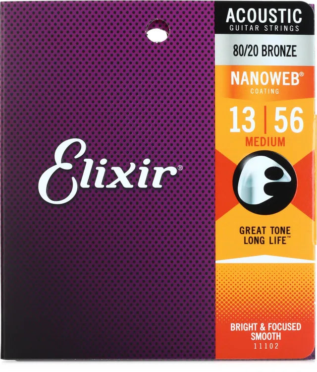 Elixir Strings 11102 Nanoweb 80/20 Acoustic Guitar Strings - .013-.056 Medium