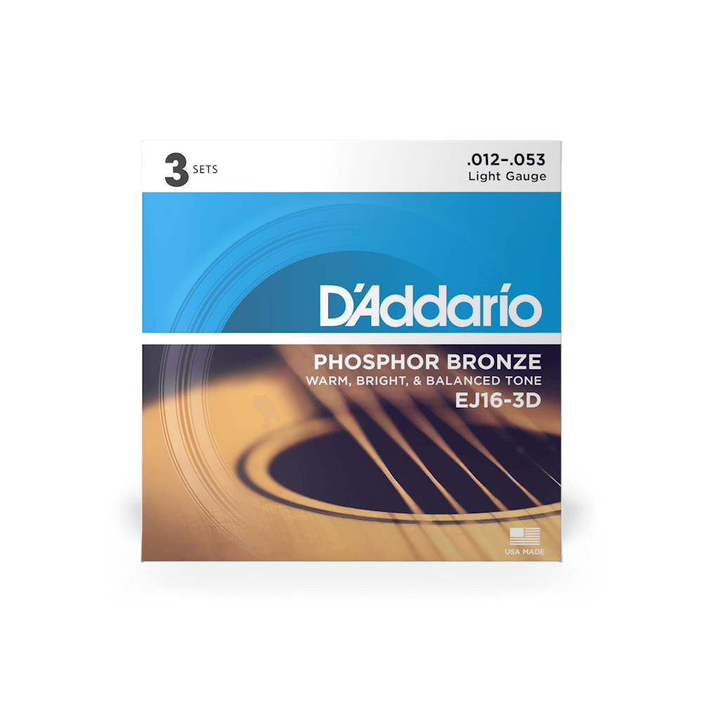 D'Addario EJ16 Phosphor Bronze Acoustic Guitar Strings - .012-.053 Light (3-Pack)