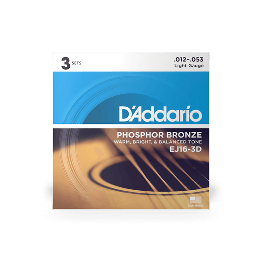 D'Addario EJ16 Phosphor Bronze Acoustic Guitar Strings - .012-.053 Light (3-Pack)