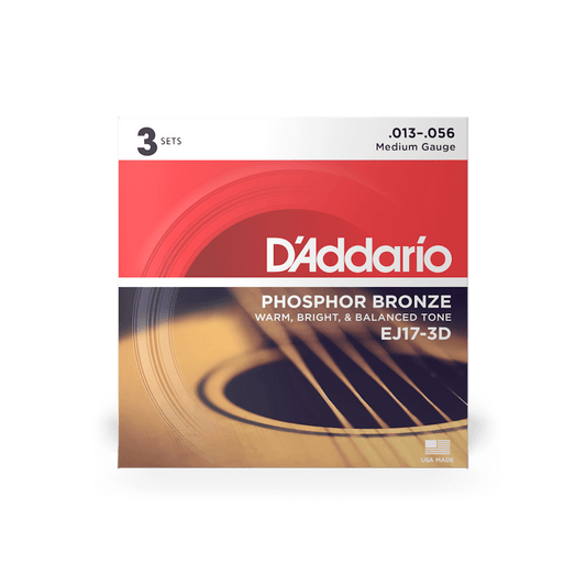 D'Addario EJ17 Phosphor Bronze Acoustic Guitar Strings - .013-.056 Medium (3-Pack)