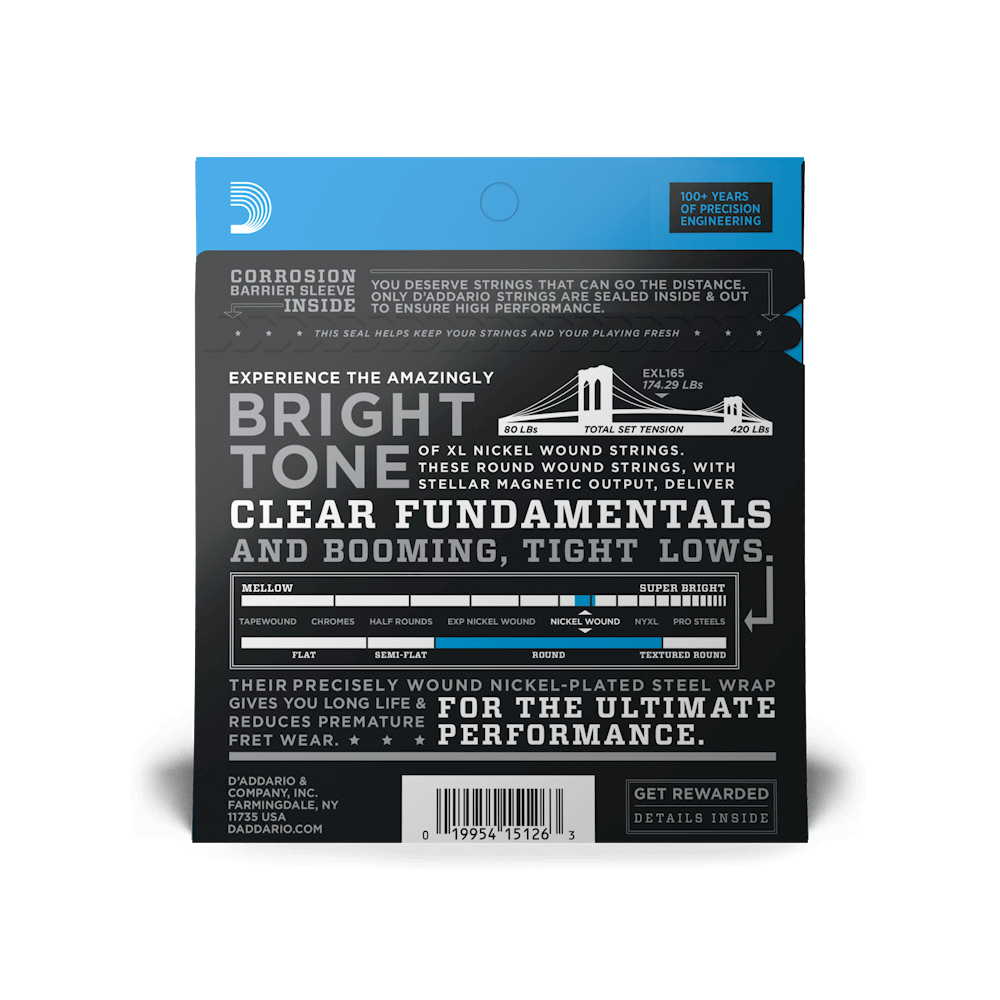 D'Addario EXL165 Nickel Wound Bass Guitar Strings - .045-.105 Regular Light Top/Medium Bottom Long Scale