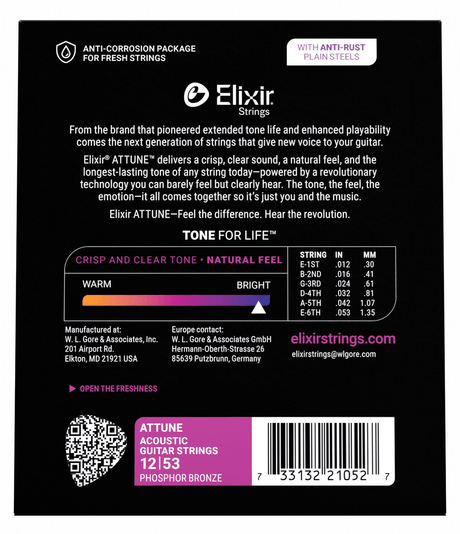 Elixir Strings 21052 Attune Phosphor Bronze Acoustic Guitar Strings - .012-.053 Light