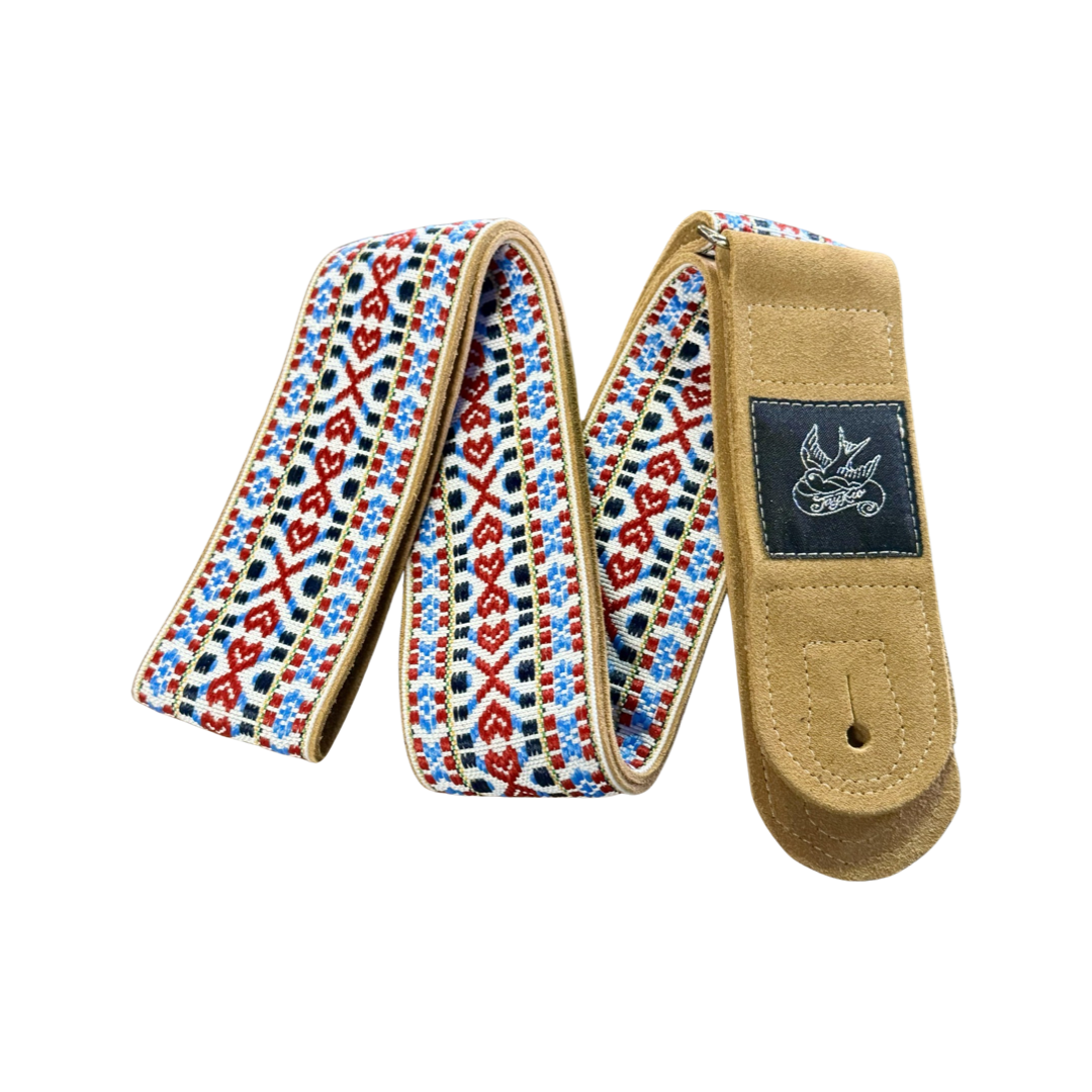 Jaykco Red, White, Light Blue, and Yellow - Woven Suede Guitar Strap